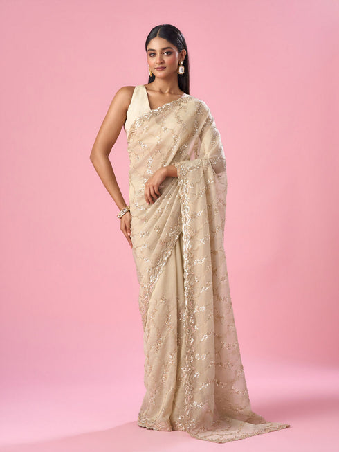 Mohey Cream Tissue Saree with Sequin Work