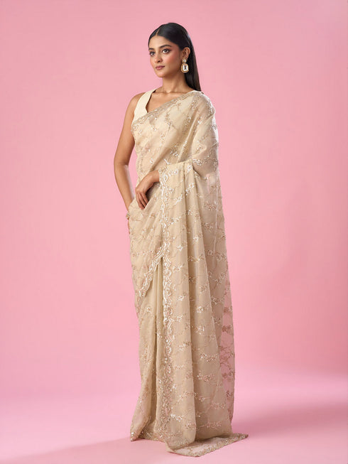 Mohey Cream Tissue Saree with Sequin Work