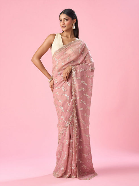 Mohey Pink Tissue Saree with Hand Embroidery
