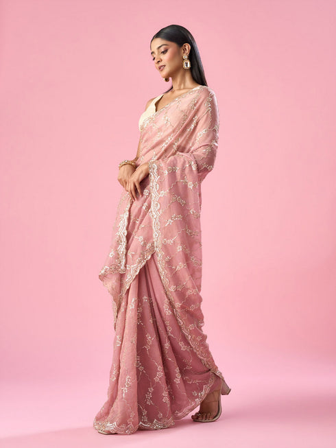 Mohey Pink Tissue Saree with Hand Embroidery