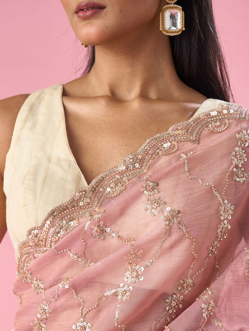 Mohey Pink Tissue Saree with Hand Embroidery