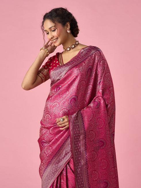 Mohey Pink Silk Saree with Stone Work