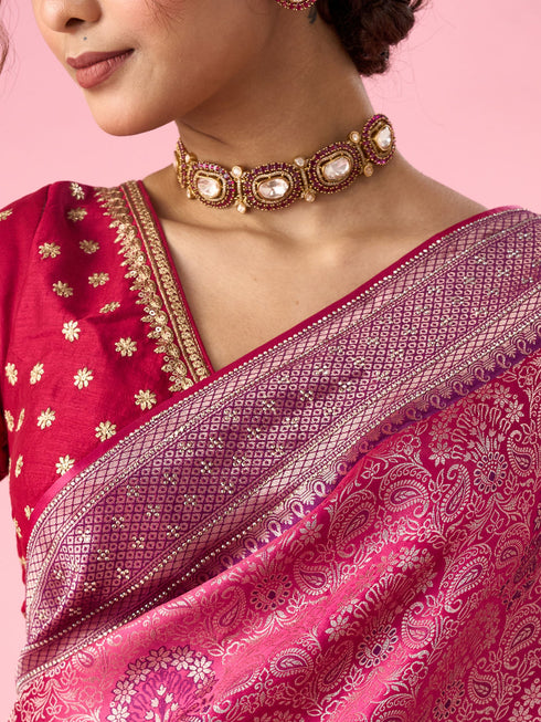 Mohey Pink Silk Saree with Stone Work