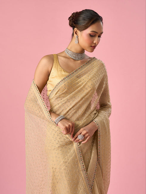 Mohey Beige Organza Saree with Stone Work