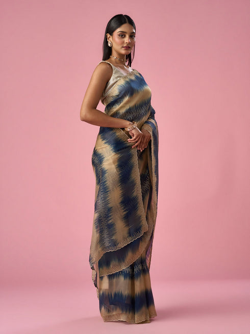 Mohey Indigo Blue Organza Saree with Print