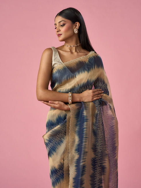Mohey Indigo Blue Organza Saree with Print