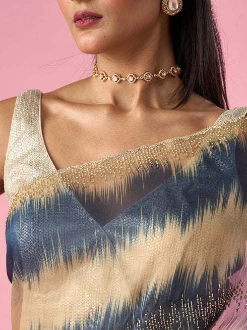 Mohey Indigo Blue Organza Saree with Print