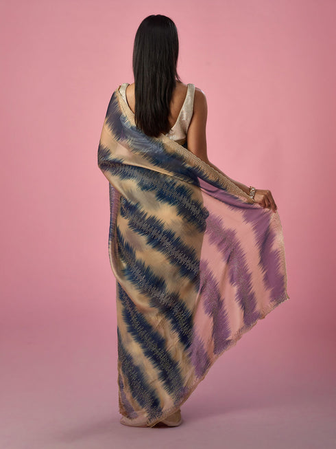 Mohey Indigo Blue Organza Saree with Print