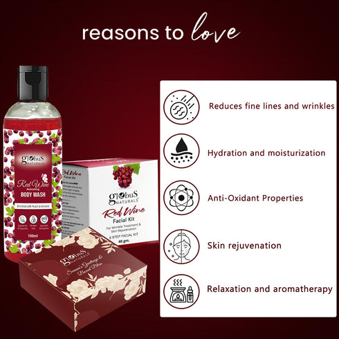 Globus Naturals Red Wine Body Wash 100 ml & Red Wine Facial Kit 40 gm with Chocolate Box