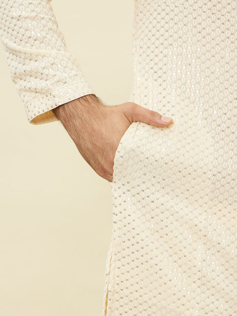 Manyavar Pearled Ivory White Chikankari Kurta Set
