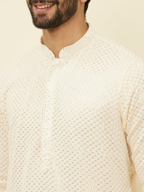 Manyavar Pearled Ivory White Chikankari Kurta Set