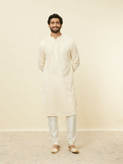 Manyavar Pearled Ivory White Chikankari Kurta Set