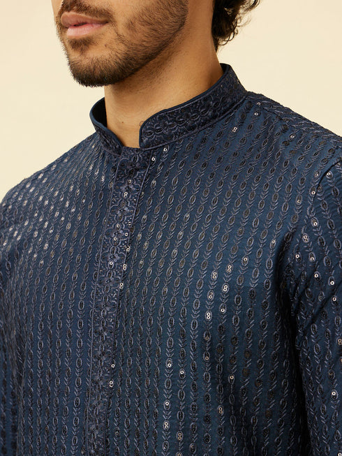 Manyavar Indigo Blue Petal String Patterned Kurta Set
