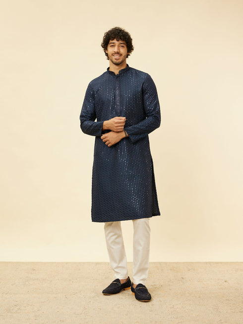 Manyavar Indigo Blue Petal String Patterned Kurta Set