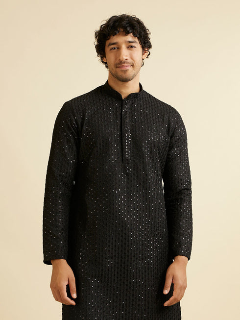 Manyavar Midnight Black Petal String Patterned Kurta Set with Mirror Work