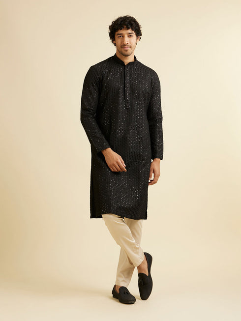 Manyavar Midnight Black Petal String Patterned Kurta Set with Mirror Work