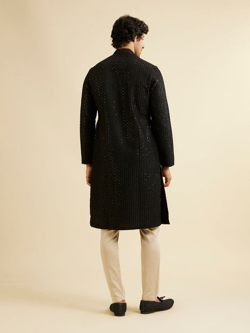 Manyavar Midnight Black Petal String Patterned Kurta Set with Mirror Work