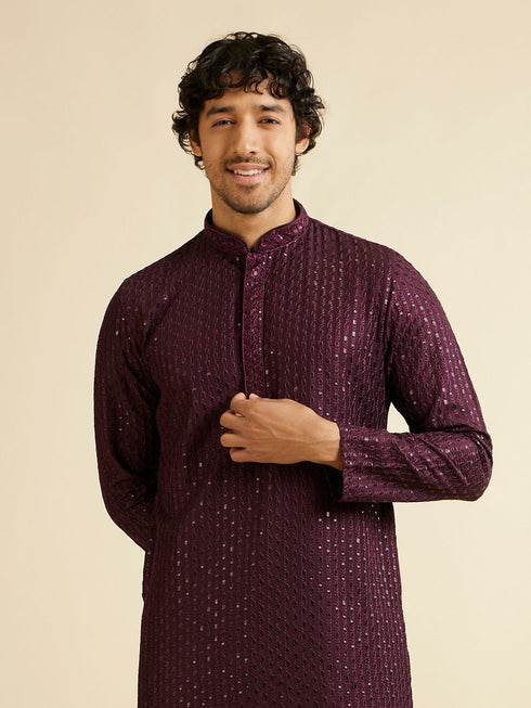 Manyavar Wine Petal String Patterned Kurta Set with Mirror Work