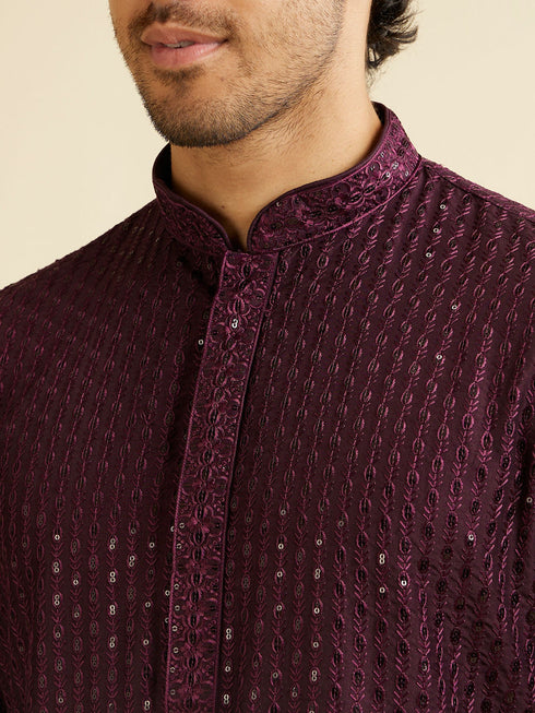 Manyavar Wine Petal String Patterned Kurta Set with Mirror Work