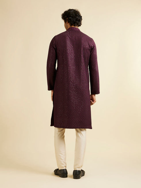 Manyavar Wine Petal String Patterned Kurta Set with Mirror Work