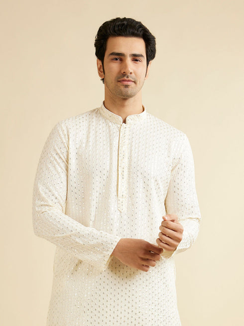 Manyavar Warm White Petal String Patterned Kurta Set with Mirror Work