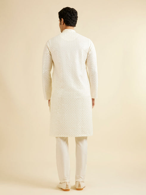 Manyavar Warm White Petal String Patterned Kurta Set with Mirror Work