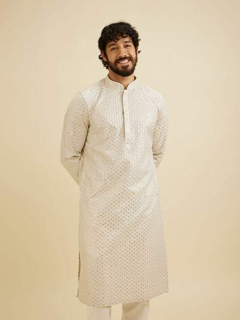 Manyavar Chalk White String Patterned Kurta Set with Mirror Work