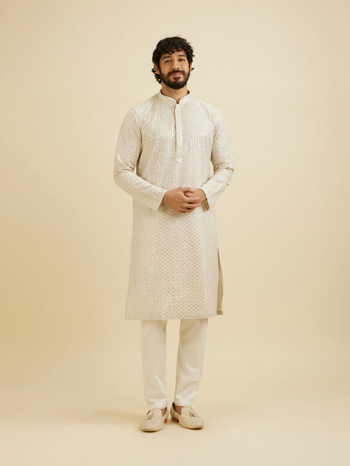 Manyavar Chalk White String Patterned Kurta Set with Mirror Work