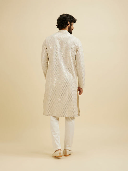 Manyavar Chalk White String Patterned Kurta Set with Mirror Work