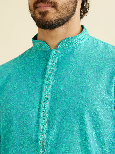 Manyavar Turquoise Blue Bel Buti Patterned Kurta Set