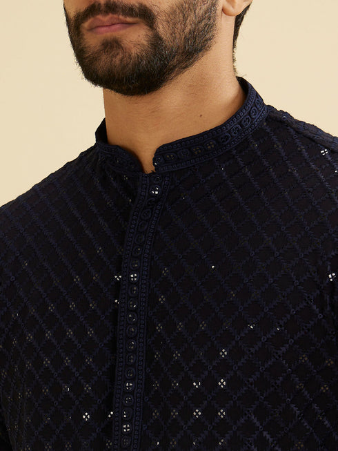 Manyavar Indigo Blue Jaal Embroidered Kurta Set with Sequin Work