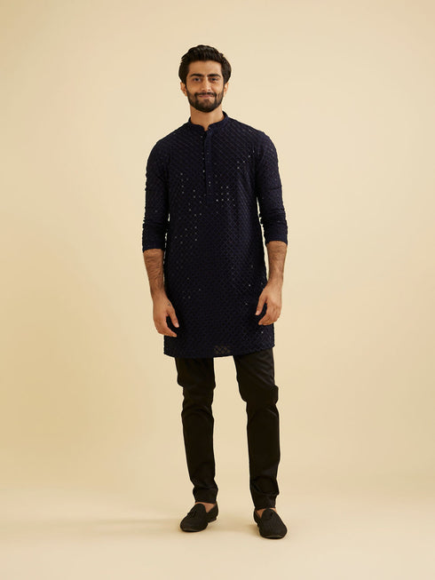 Manyavar Indigo Blue Jaal Embroidered Kurta Set with Sequin Work