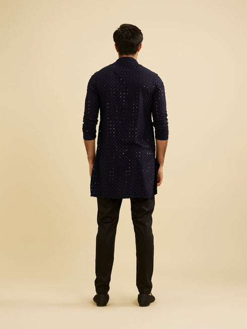 Manyavar Indigo Blue Jaal Embroidered Kurta Set with Sequin Work