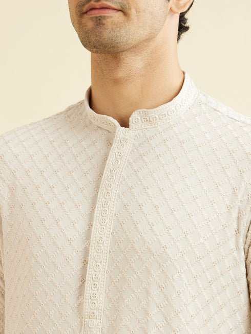 Manyavar Smoke Grey Grid Patterned Chikankari Kurta Set with Sequin Work