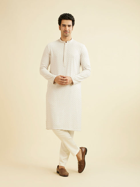 Manyavar Smoke Grey Grid Patterned Chikankari Kurta Set with Sequin Work