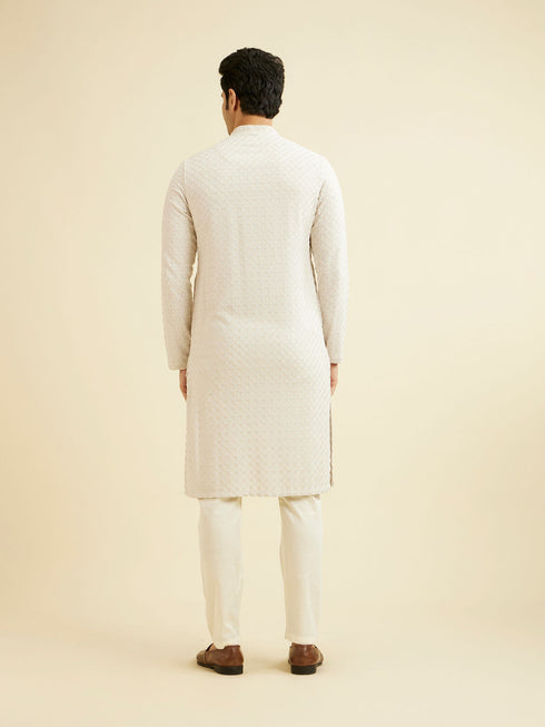 Manyavar Smoke Grey Grid Patterned Chikankari Kurta Set with Sequin Work