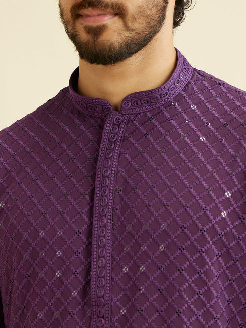 Manyavar Royal Purple Grid Patterned Chikankari Kurta Set with Sequin Work