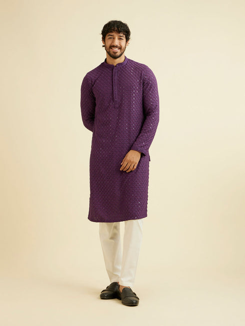 Manyavar Royal Purple Grid Patterned Chikankari Kurta Set with Sequin Work