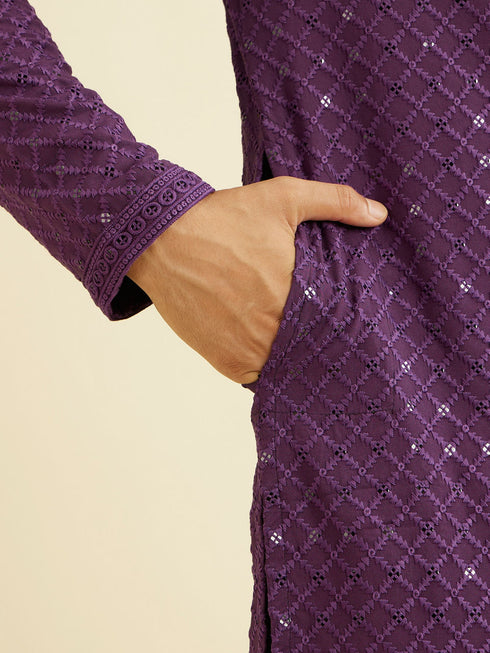 Manyavar Royal Purple Grid Patterned Chikankari Kurta Set with Sequin Work