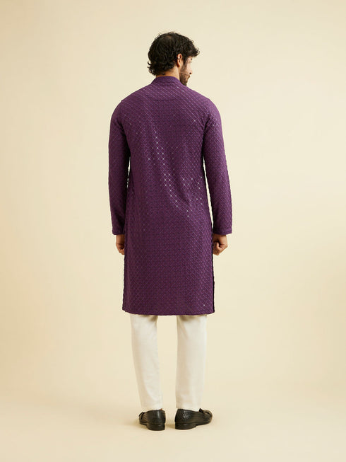 Manyavar Royal Purple Grid Patterned Chikankari Kurta Set with Sequin Work