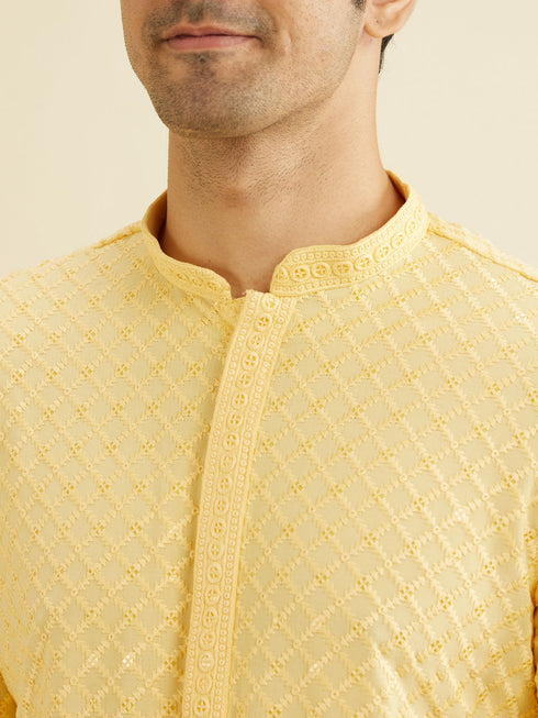 Manyavar Sunglow Yellow Grid Patterned Chikankari Kurta Set with Sequin Work