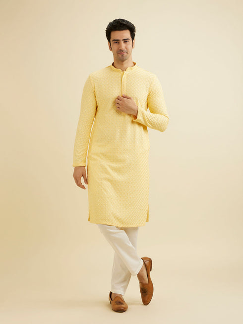 Manyavar Sunglow Yellow Grid Patterned Chikankari Kurta Set with Sequin Work