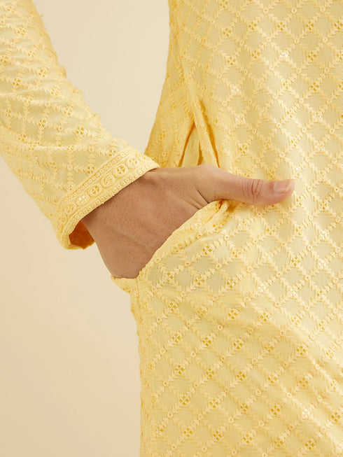 Manyavar Sunglow Yellow Grid Patterned Chikankari Kurta Set with Sequin Work