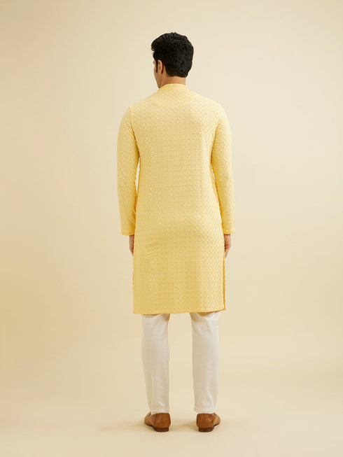 Manyavar Sunglow Yellow Grid Patterned Chikankari Kurta Set with Sequin Work