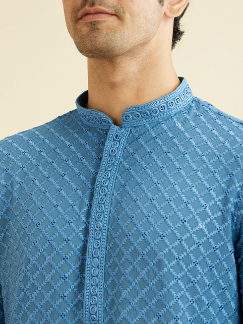 Manyavar Cerulean Blue Grid Patterned Chikankari Kurta Set with Sequin Work