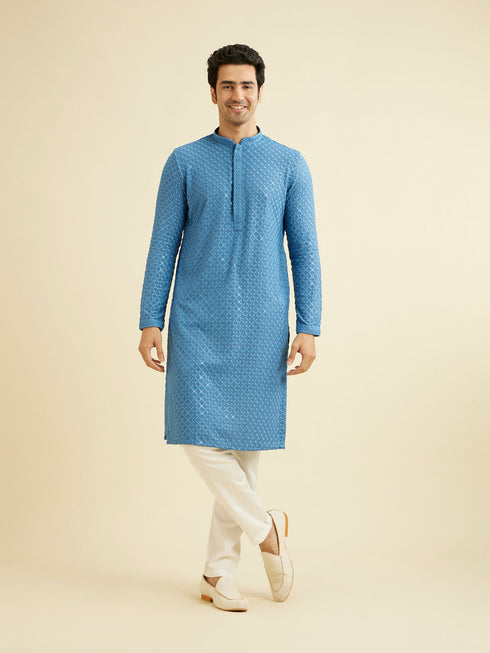 Manyavar Cerulean Blue Grid Patterned Chikankari Kurta Set with Sequin Work