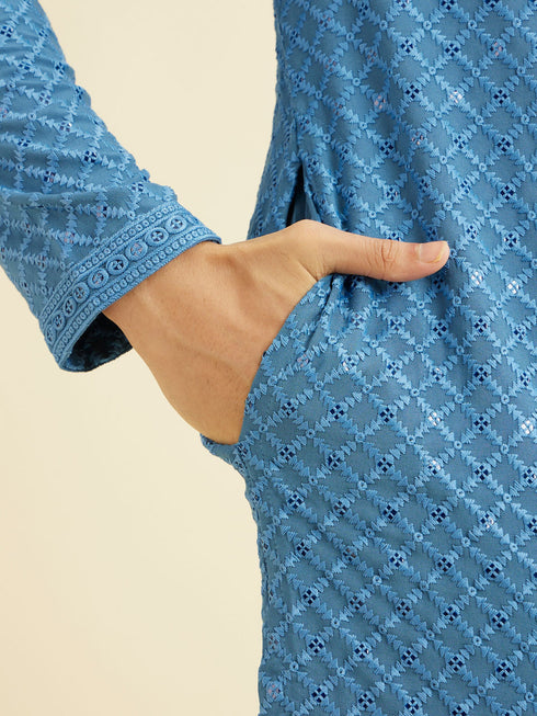 Manyavar Cerulean Blue Grid Patterned Chikankari Kurta Set with Sequin Work