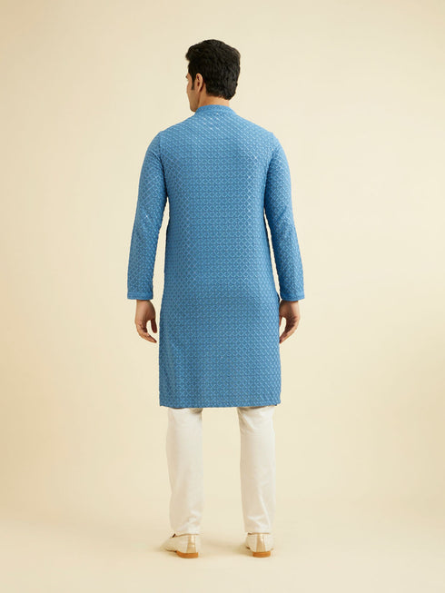 Manyavar Cerulean Blue Grid Patterned Chikankari Kurta Set with Sequin Work