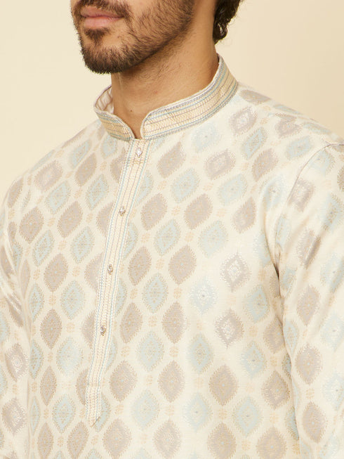 Manyavar Cream Paisley Printed Kurta Set