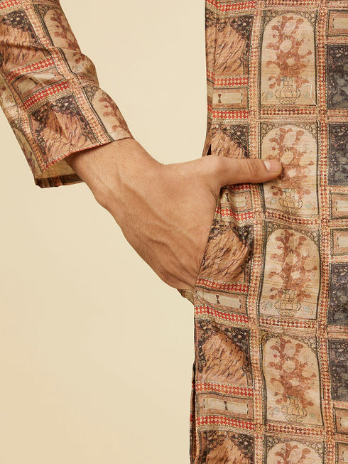 Manyavar Fawn Abstract Printed Kurta Set